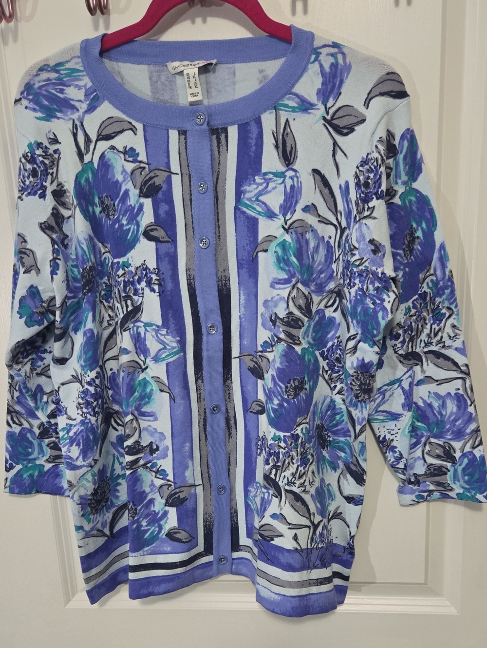Isaac Mizrahi Live 3/4 Blue Floral Button-Front Cardigan